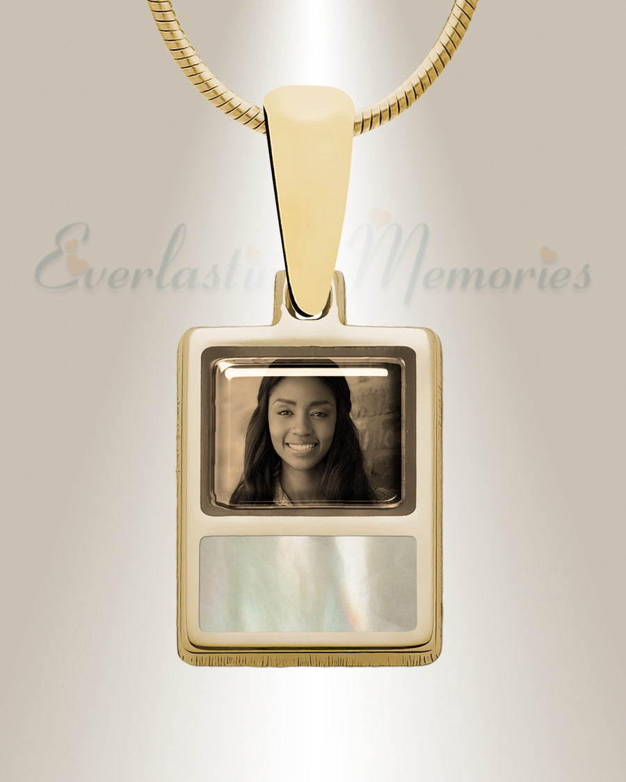 Rectangle 14K Gold Picture Pendant With Milky Ashes