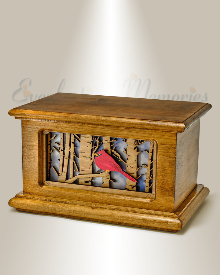 Cardinal in the Trees Wood Cremation Urn