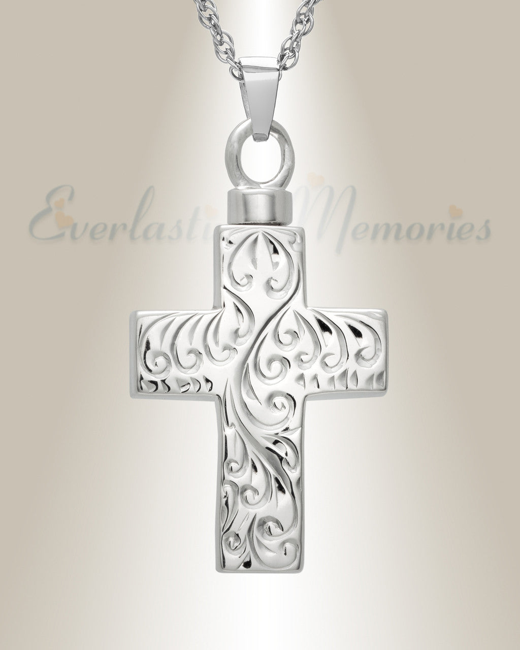 14k White Gold Etched Cross Cremation Urn Keepsake