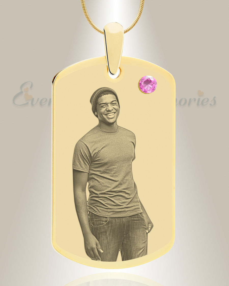 Birthstone Large Dog Tag June Photo Engraved Gold Plated over Stainless Keepsake