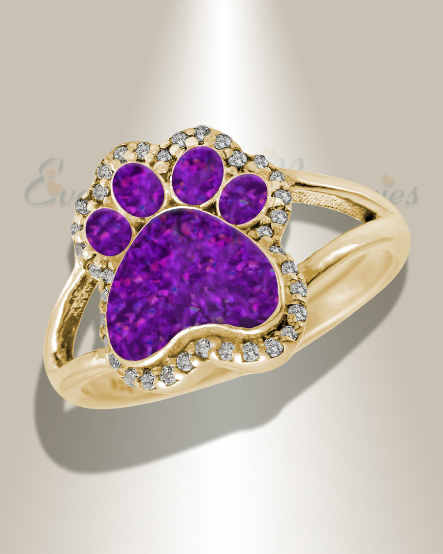 Solid 14K Gold Women's Paw Print Ash Ring with Lilac Pearl Opal
