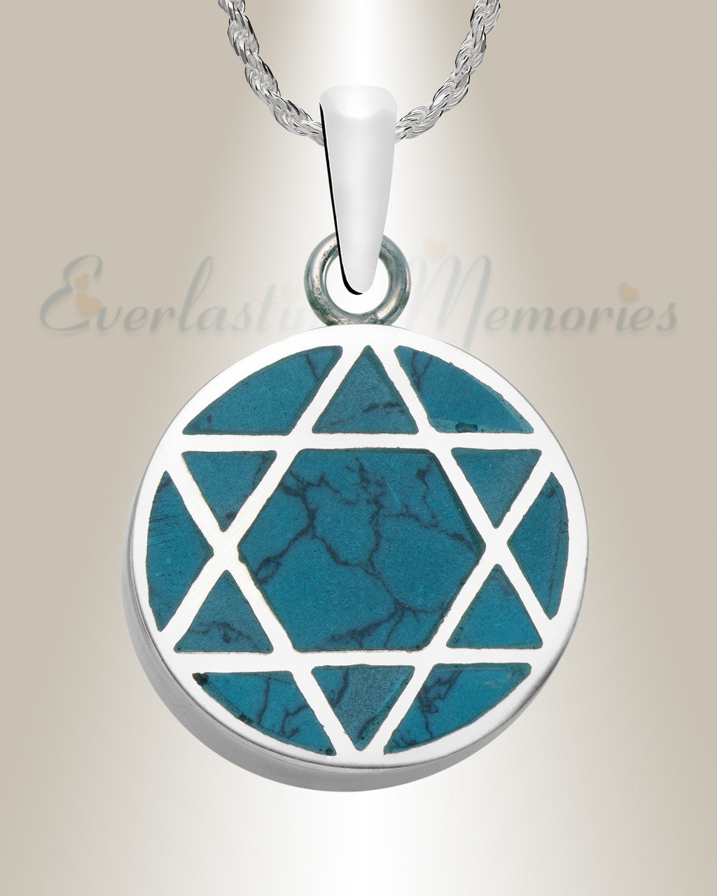 Silver Star Of David With Turquoise Inlay Cremation Urn Pendant