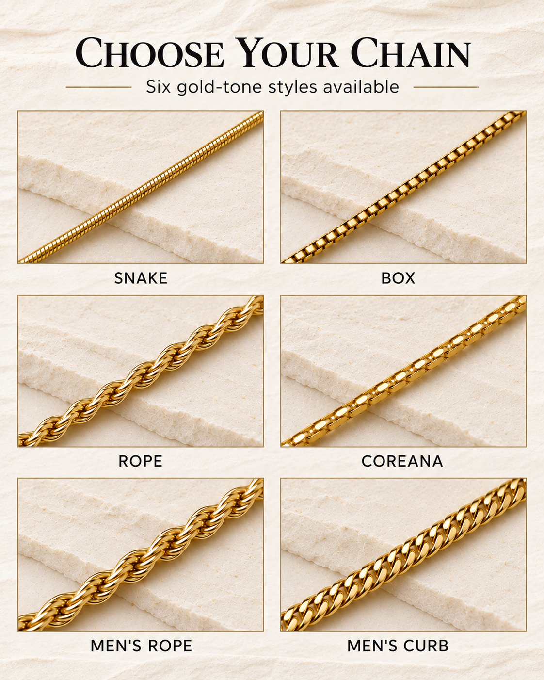 Choose your chain — six gold-tone chain styles
