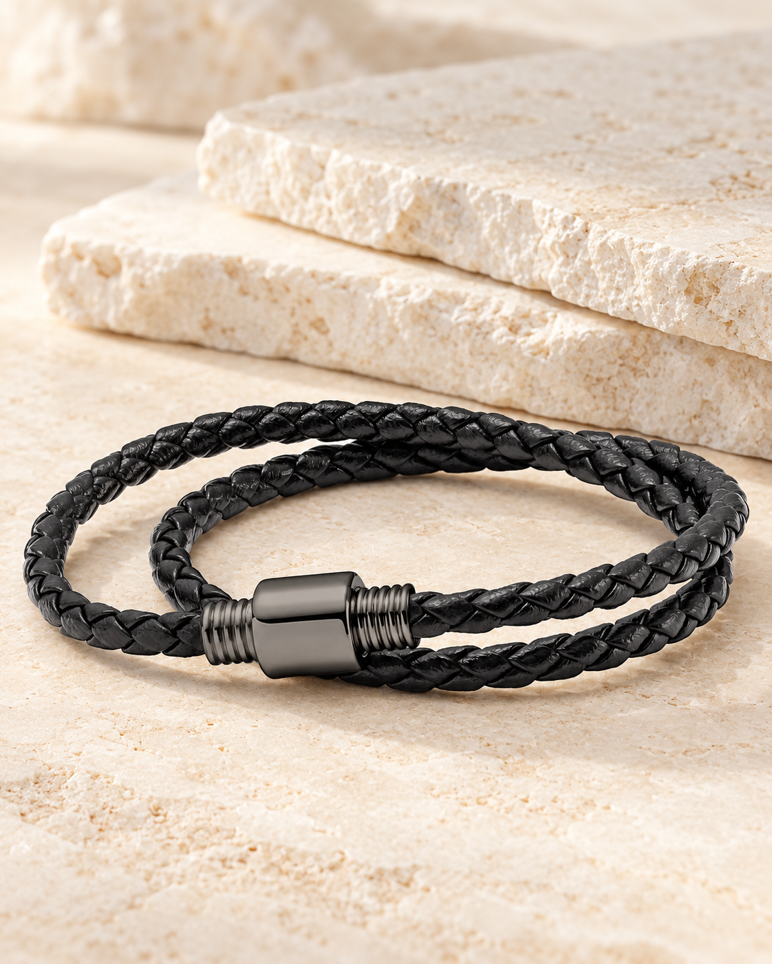 Black Stainless Steel Reverent Bracelet Cremation Jewelry on a cream stacked-stone background