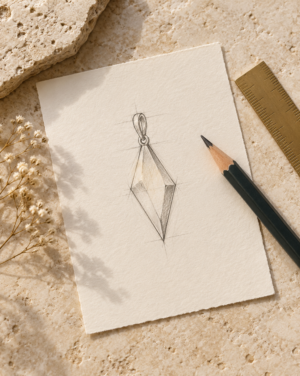 Illustrative pencil pendant sketch beside a pencil on cream stone