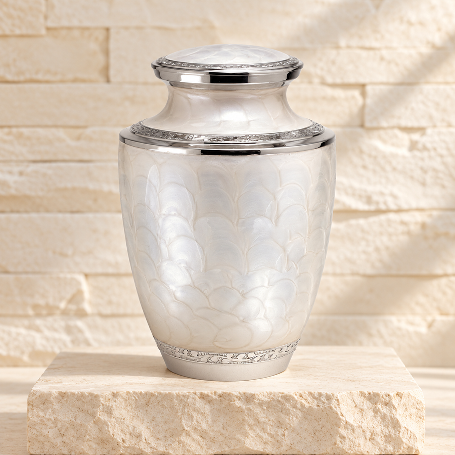 Complete Pearl Beauty urn upright on a low cream stone plinth, urn occupies 65% of frame height with ample space above lid and below foot, calm cream wall.