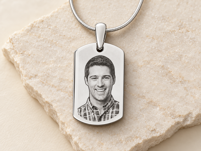 Silver photo-engraved dog tag on ivory stone