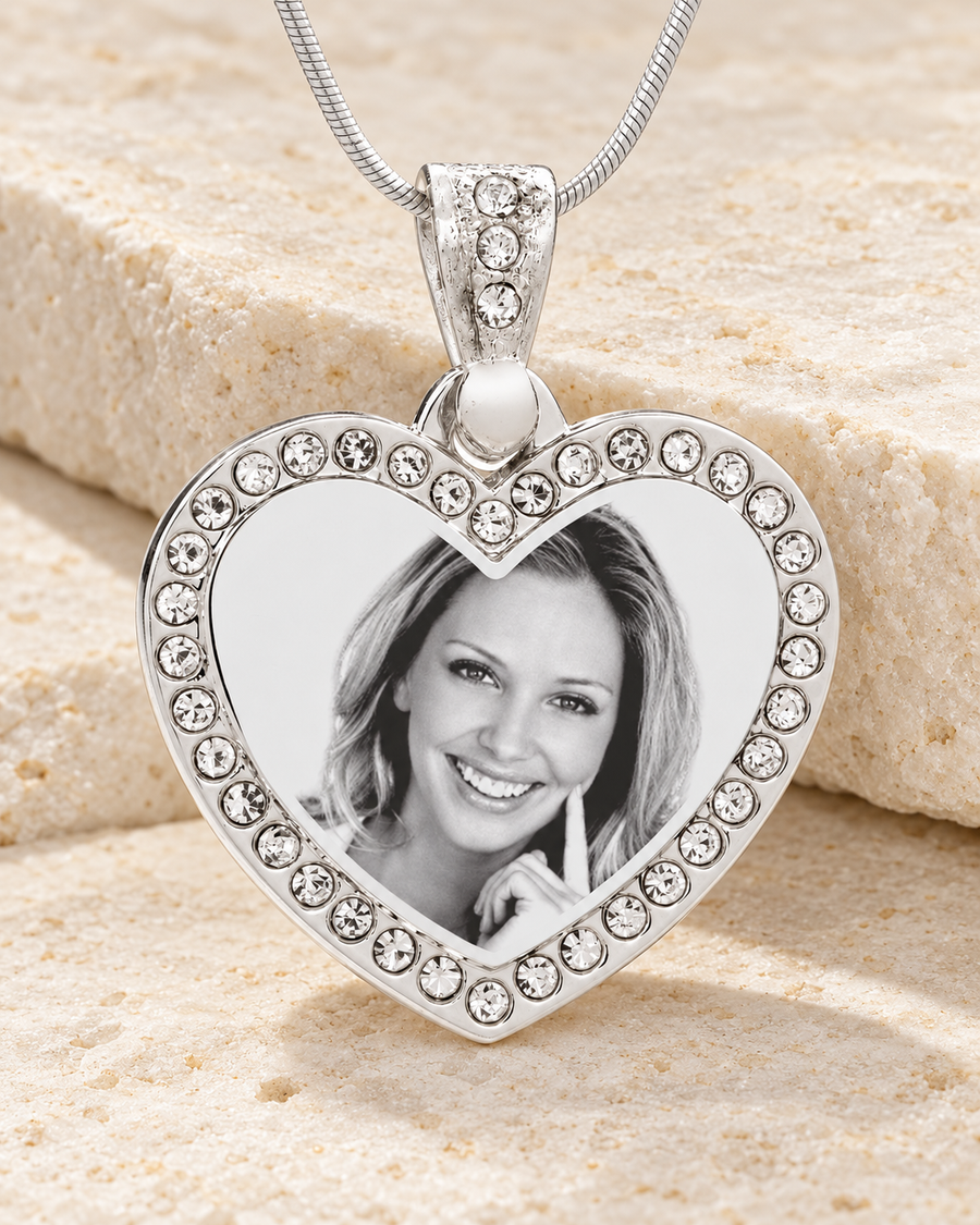 Gem Heart Photo Engraved Stainless Keepsake