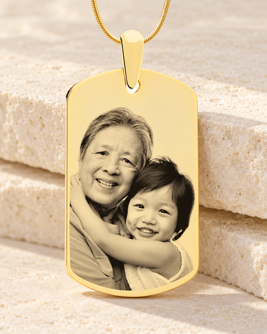 Large Dog Tag Photo Engraved Gold Plated over Stainless Keepsake
