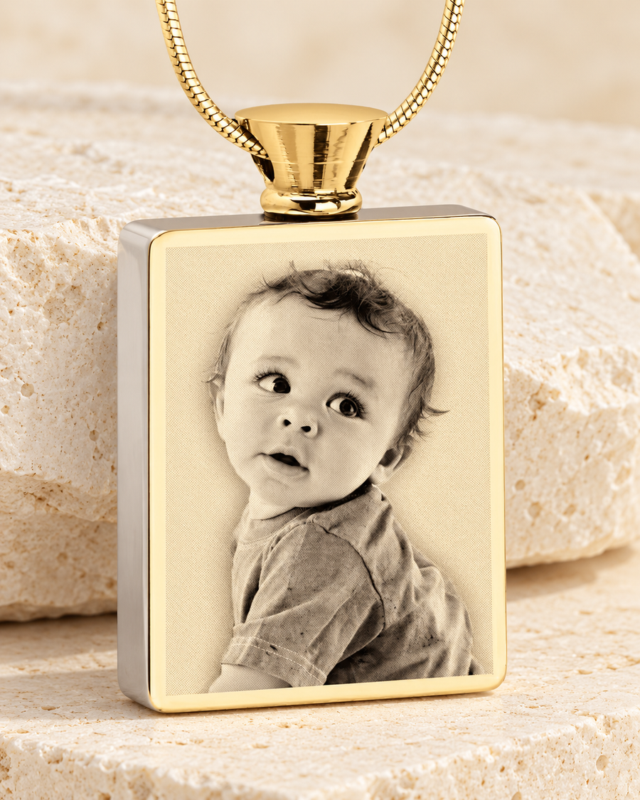 Rectangle Gold Plated Photo Engraved Ash Pendant