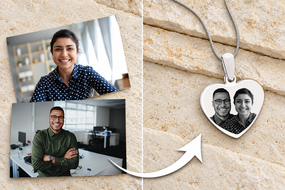 Photo guide example combining two individual portraits on one heart pendant