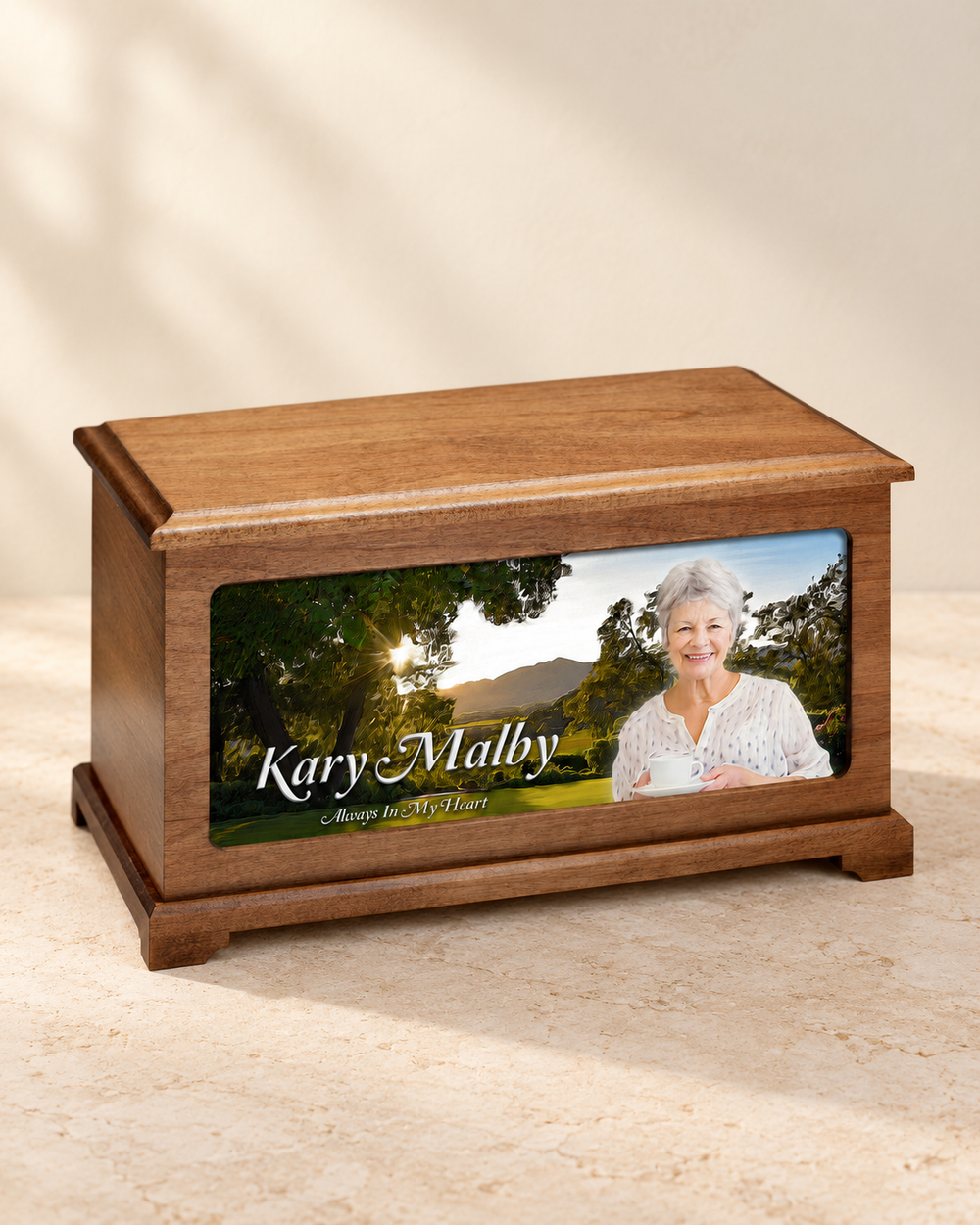 Country Garden wood photo cremation urn on cream stone