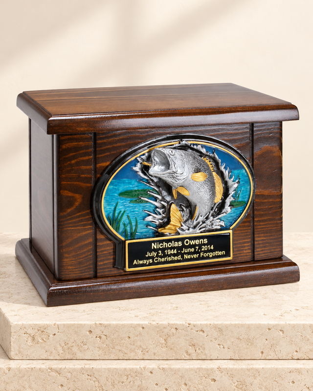 bass fishing cremation urn on cream limestone