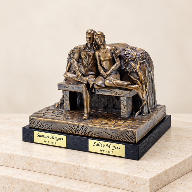 best friends bronze urn on a cream limestone background