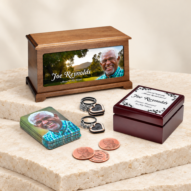 classic photo urn memorial package on a cream limestone background