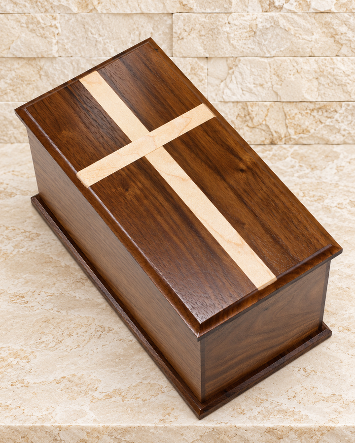 Extra Large Walnut Cremation Urn w/ Maple Cross