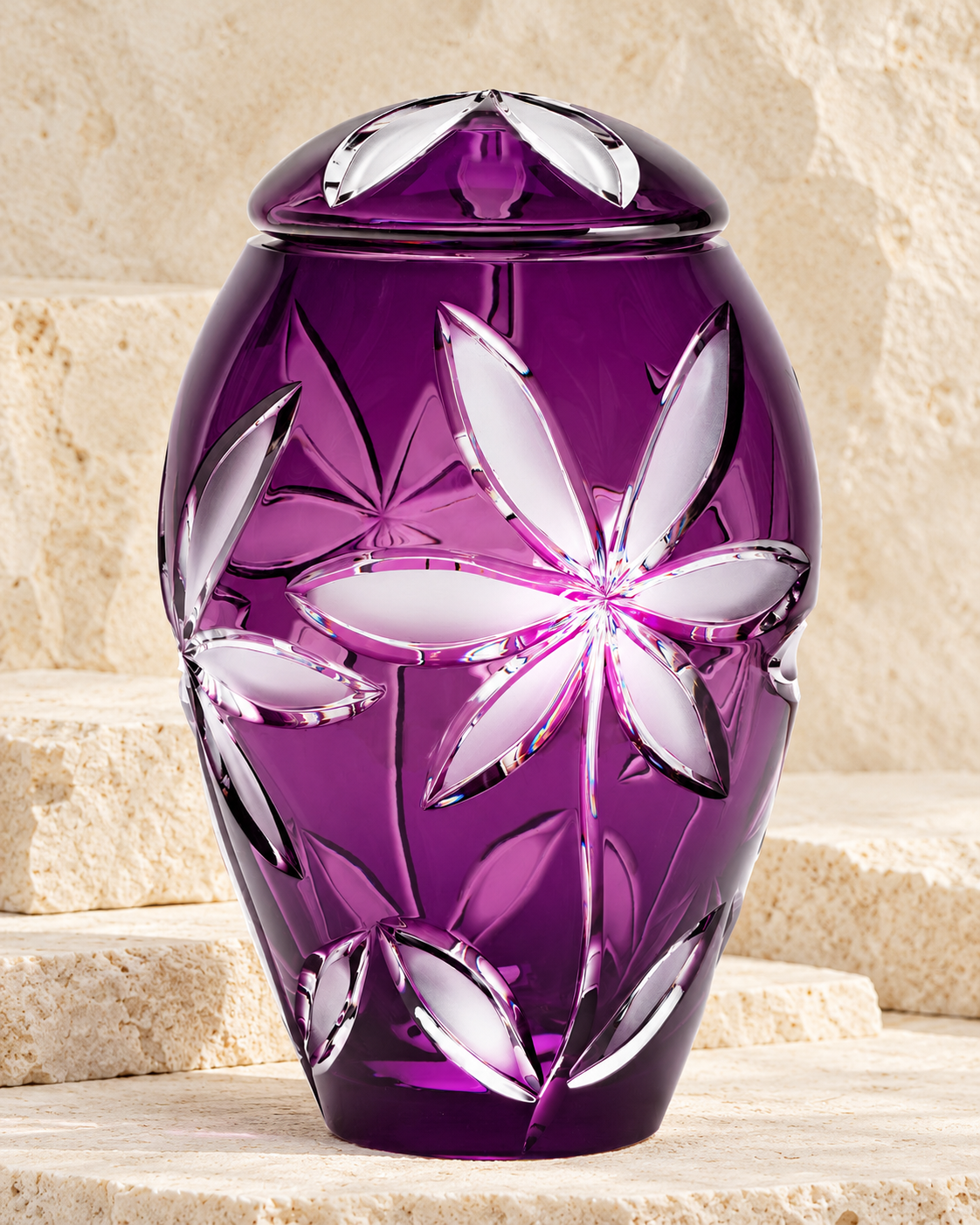 purple flowers individual cremation urn on cream stacked stone, portrait product photograph