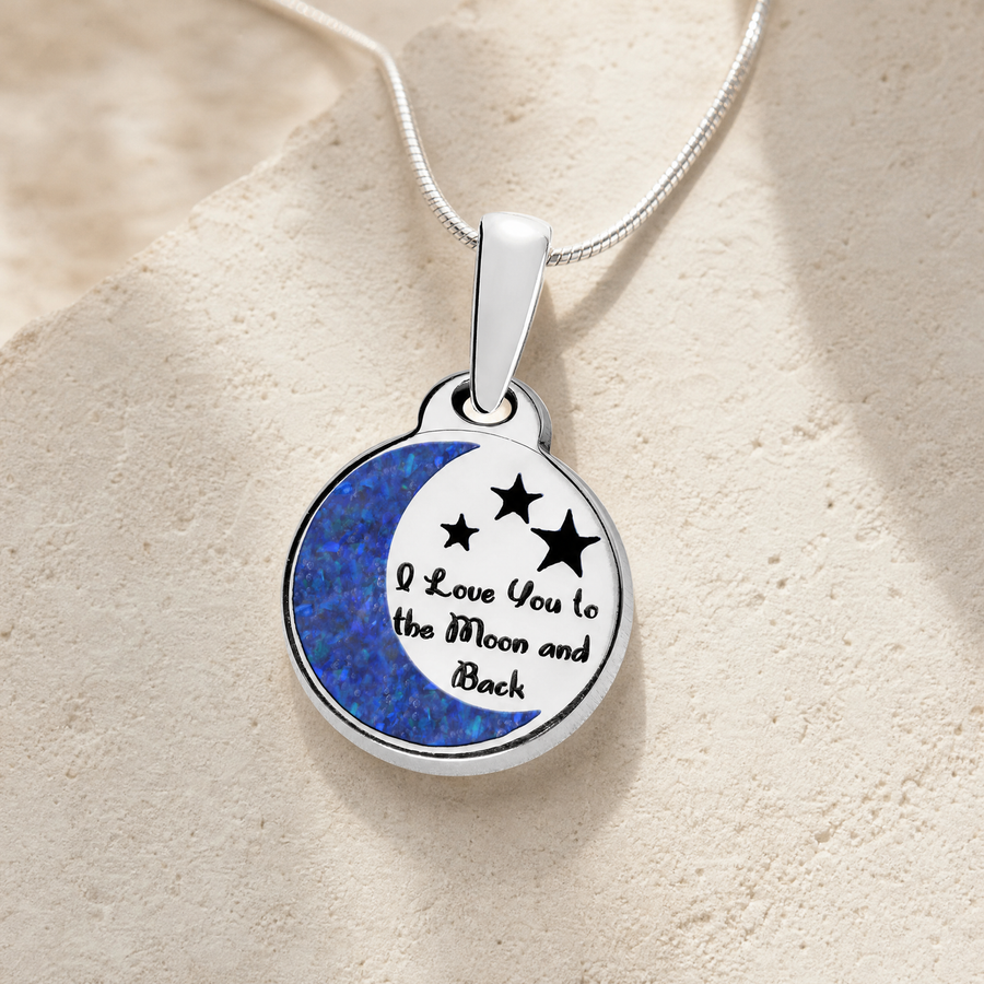 Love You To The Moon Sterling Silver with Opal Blue Waters Ash Resin Jewelry