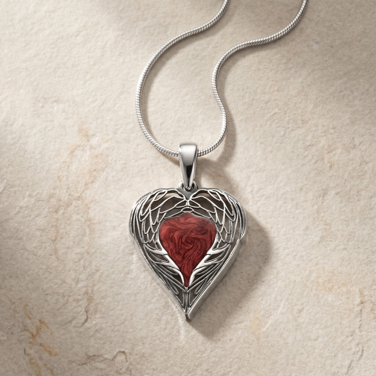 Solid 14K White Gold Paradise Heart with Crimson Ash Resin Jewelry