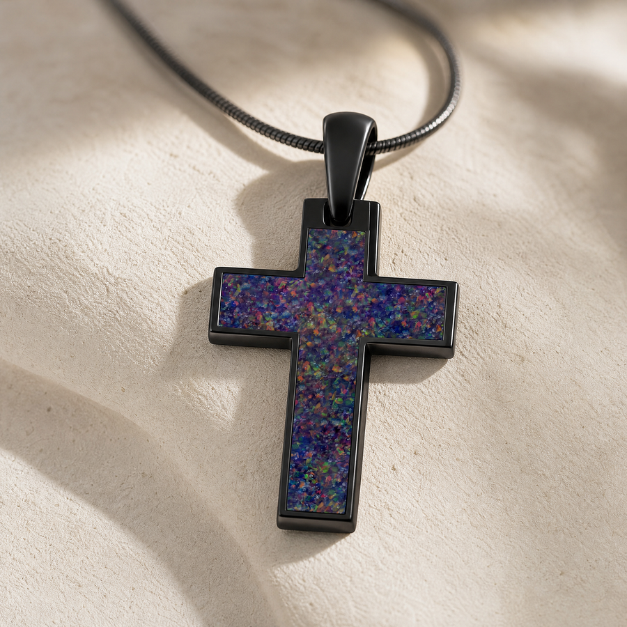 Cultured Cross Black Finish with Black Flame Opal Ash Resin Jewelry
