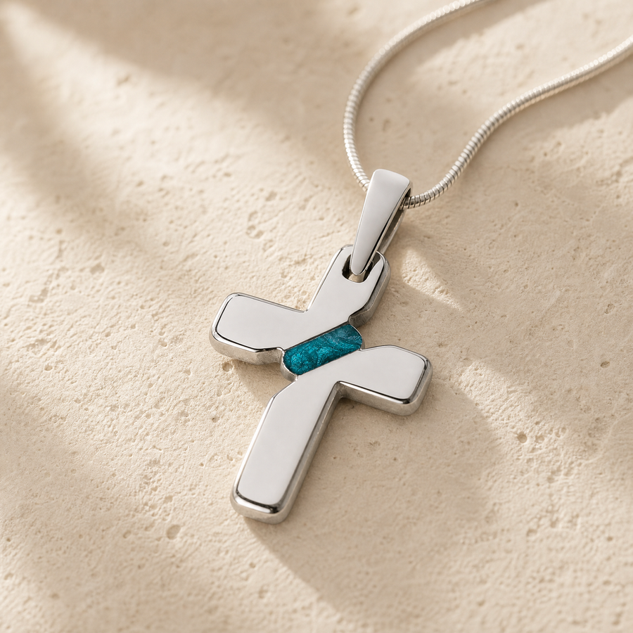 Honoring Cross Sterling Silver with Aqua Ash Resin Jewelry