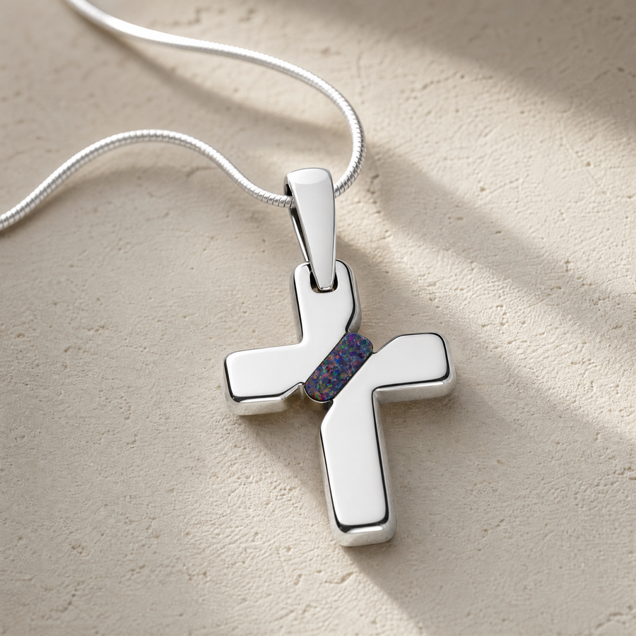 Honoring Cross Sterling Silver with Black Flame Opal Ash Resin Jewelry