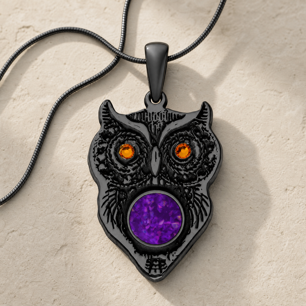 Black Finish Wise Owl Birthstone with Lilac Pearl Opal Ash Resin Jewelry