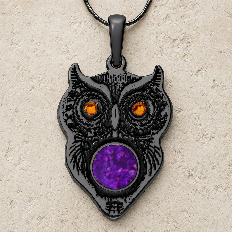 Black Finish Wise Owl Birthstone with Lilac Pearl Opal Ash Resin Jewelry