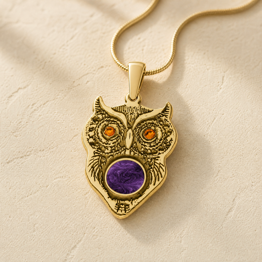 Gold Plated Wise Owl Birthstone with Mullberry Ash Resin Jewelry