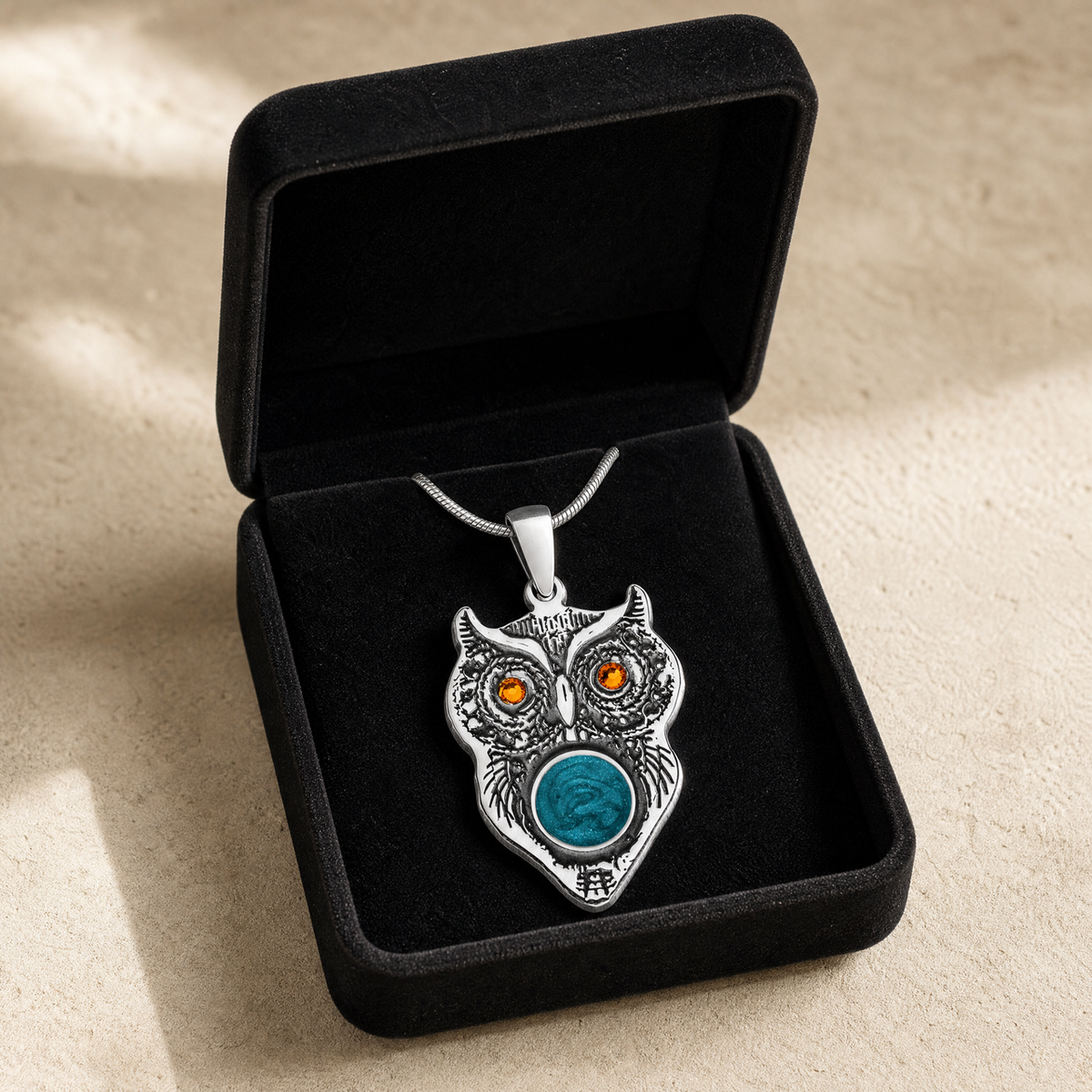 Solid 14K White Gold Wise Owl Birthstone with Aqua Ash Resin Jewelry