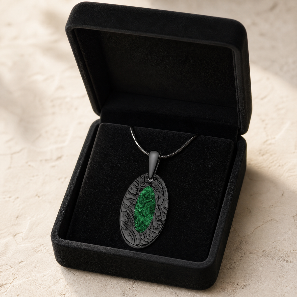 Heartfelt Oval Black Finish with Seafoam Ash Resin Jewelry