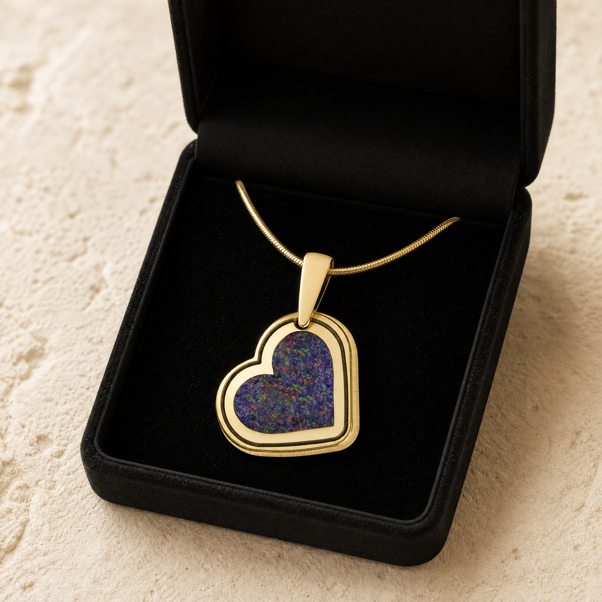 Attentive Heart Gold Plated with Black Flame Opal Ash Resin Jewelry