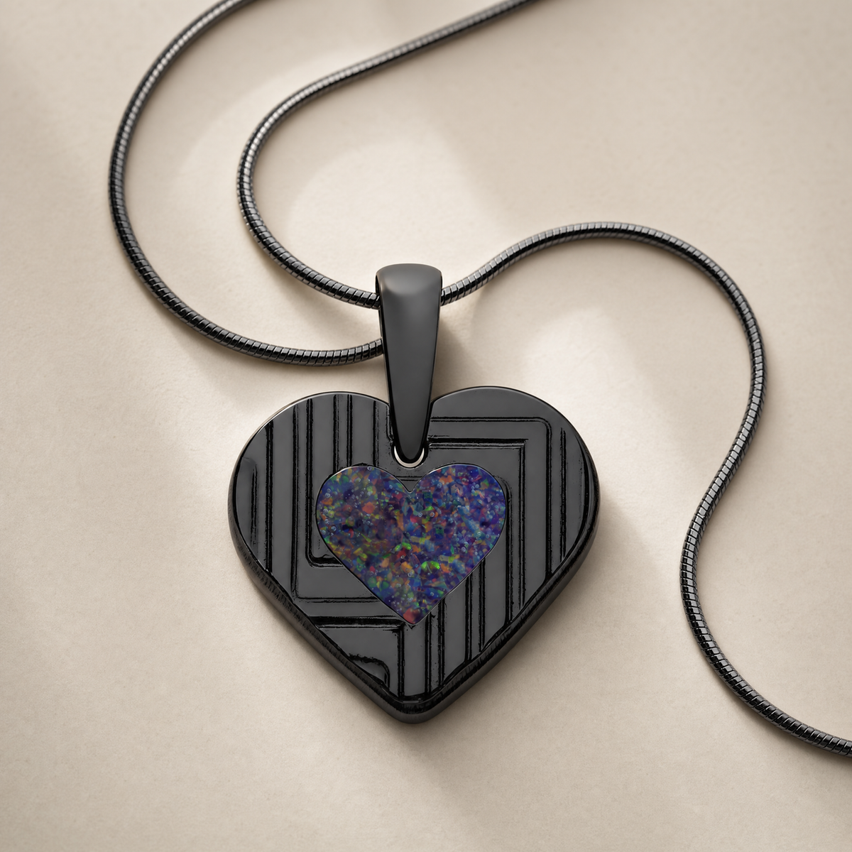 Lined Heart Black Finish with Black Flame Opal Ash Resin Jewelry