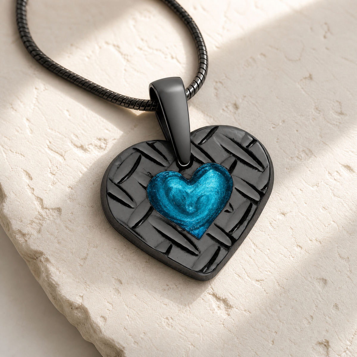 Woven Heart Black Finish with Aqua Ash Resin Jewelry