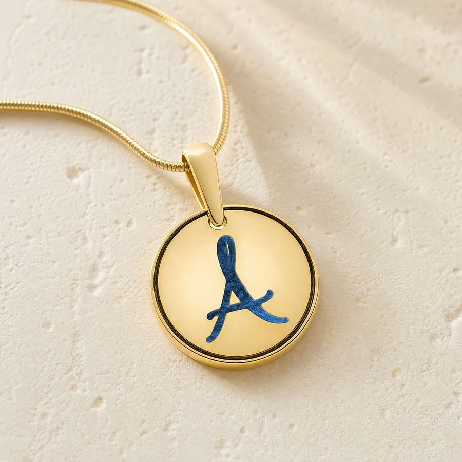 Initial Round Gold Plated with Cobalt Ash Resin Jewelry