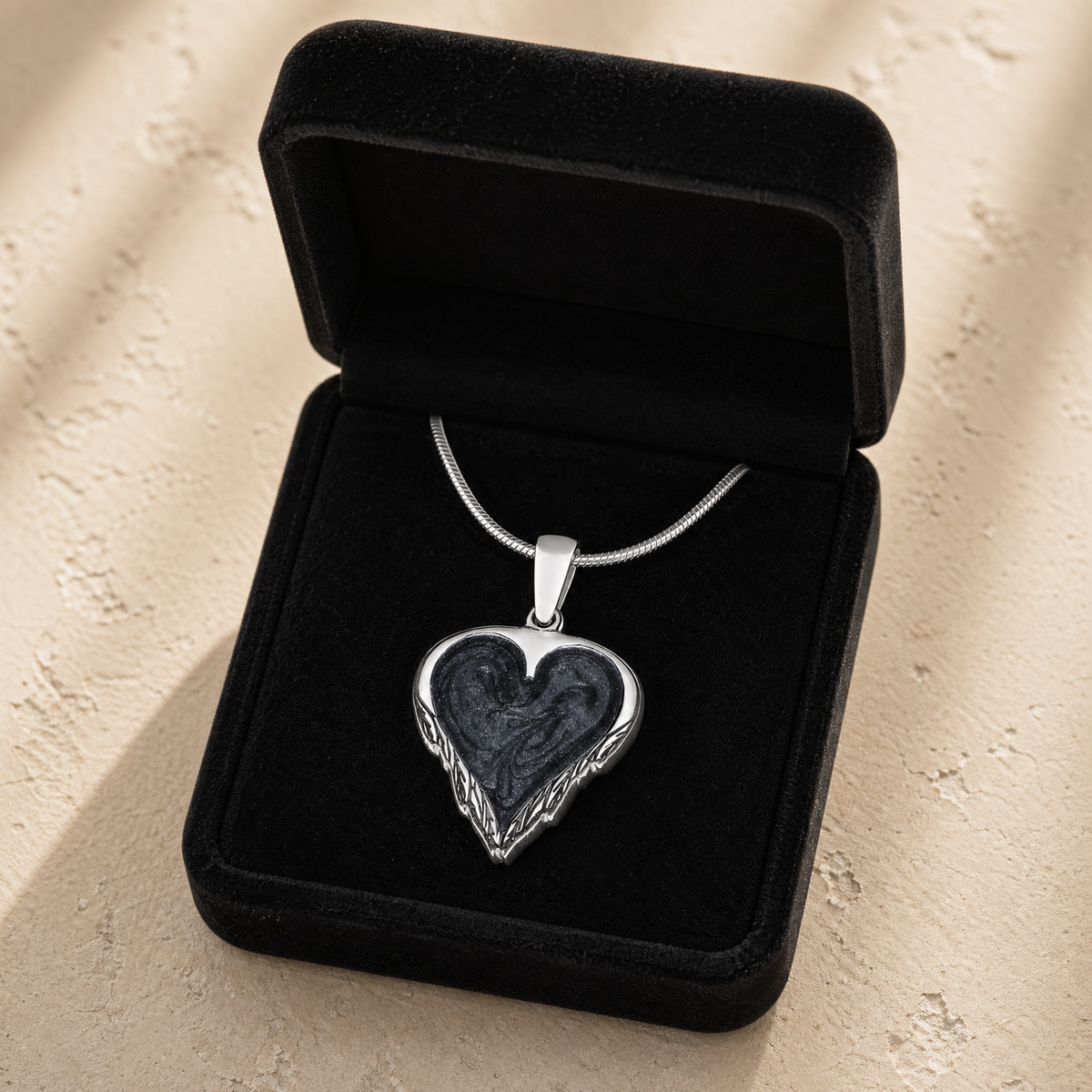 Solid 14K White Gold Feathered Heart Sterling Silver with Slate Ash Resin Jewelry