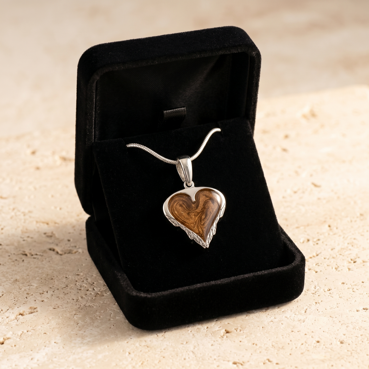 Solid 14K White Gold Feathered Heart with Carob Ash Resin Jewelry