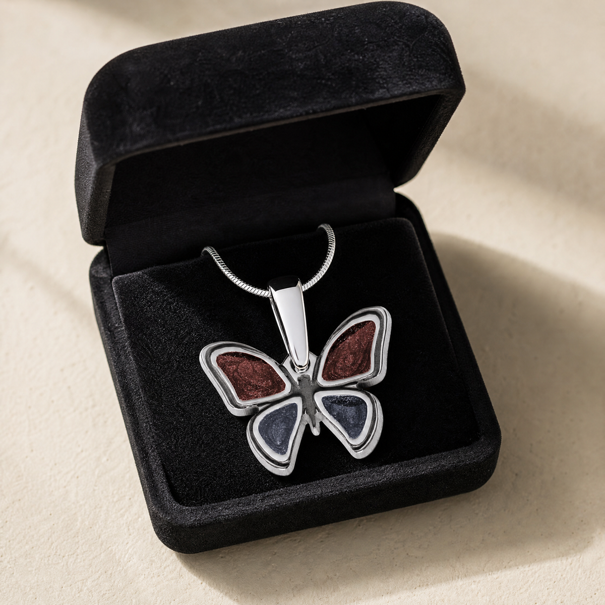 Solid 14K White Gold Lovable Butterfly with Crimson and Slate Ash Resin Jewelry