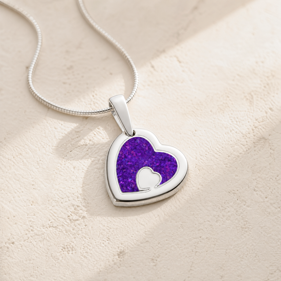 Solid 14K White Gold Two Of A Kind Heart with Lilac Pearl Opal Ash Resin Jewelry