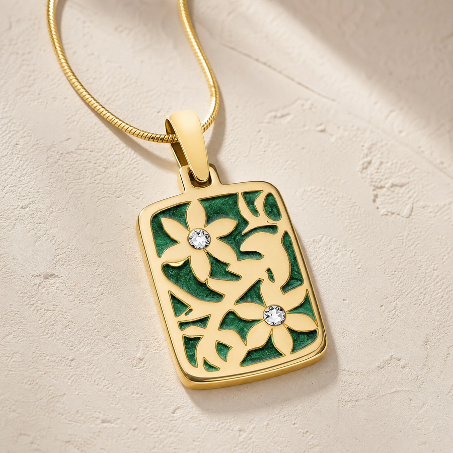 Flowered Rectangle Gold Plated with Seafoam Ash Resin Jewelry