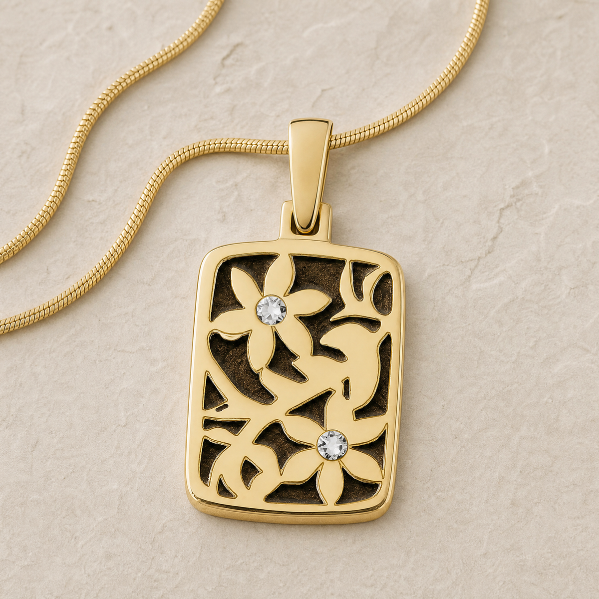 Solid 14K Gold Flowered Rectangle with Carob Ash Resin Jewelry