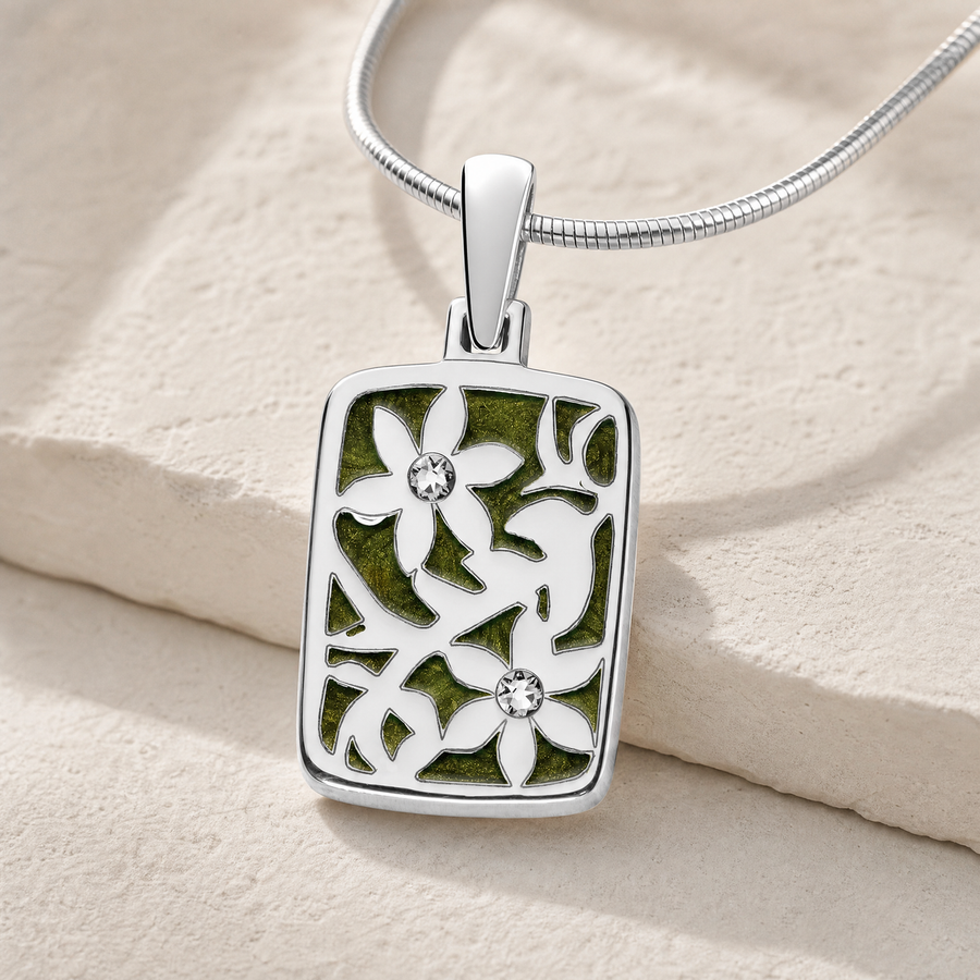 Flowered Rectangle Sterling Silver with Viridian Ash Resin Jewelry