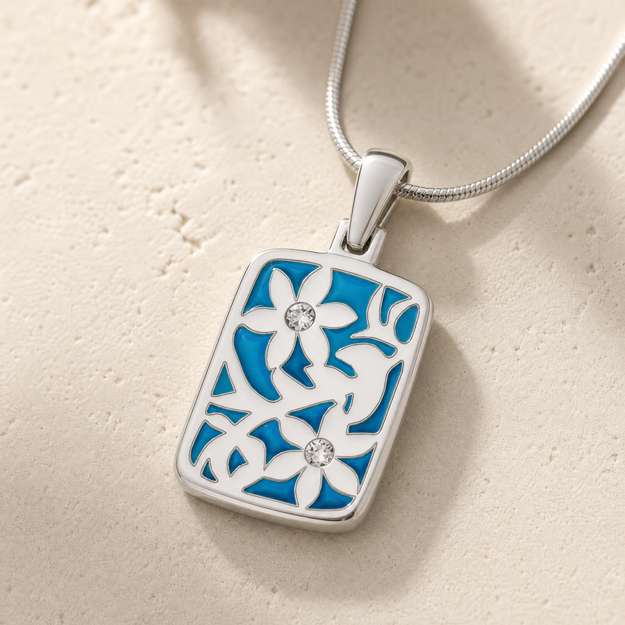 Flowered Rectangle Sterling Silver Ash Resin Jewelry