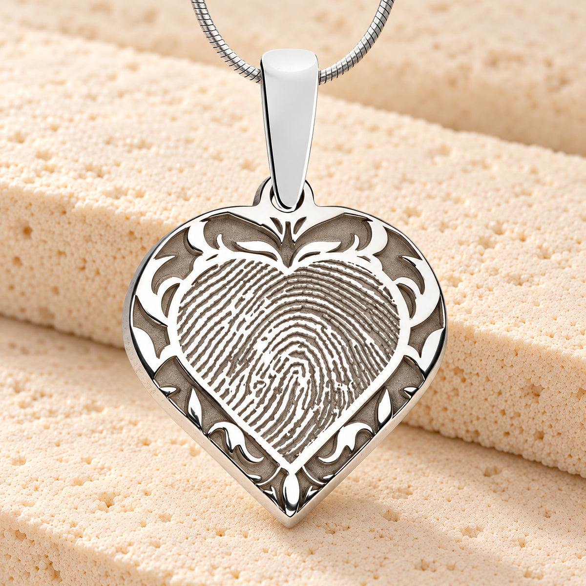 Solid 14k White Gold Carved Signature Heart Fingerprint Necklace — main