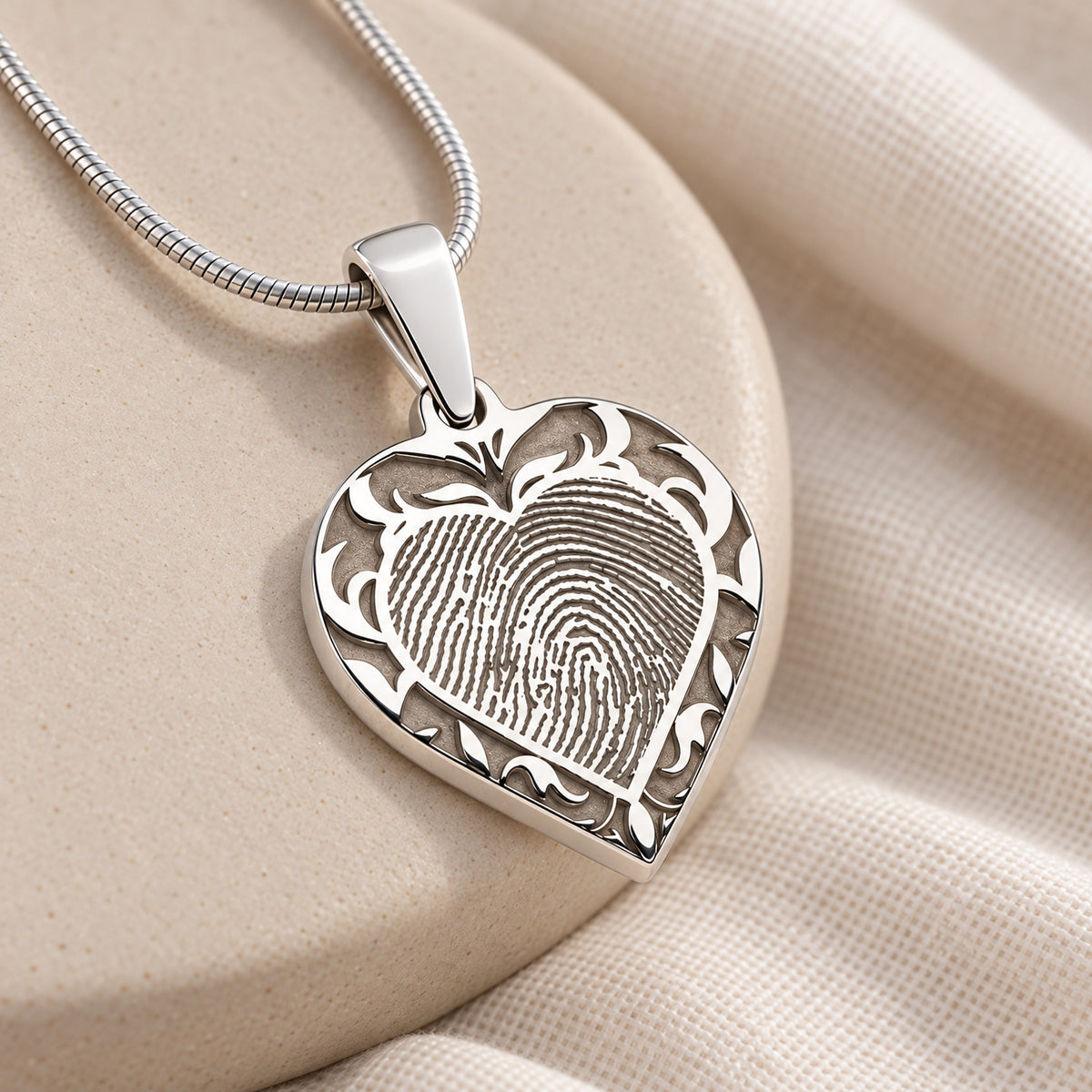 Solid 14k White Gold Carved Signature Heart Fingerprint Necklace — alternate view