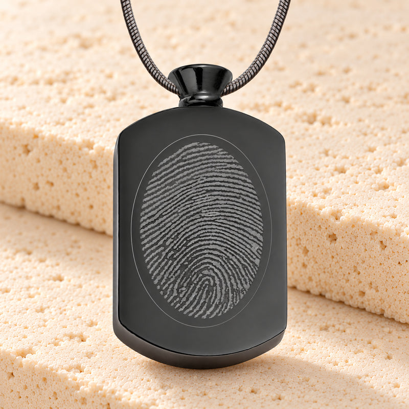 Black Plated Stainless Pleasant Rectangle Fingerprint Necklace
