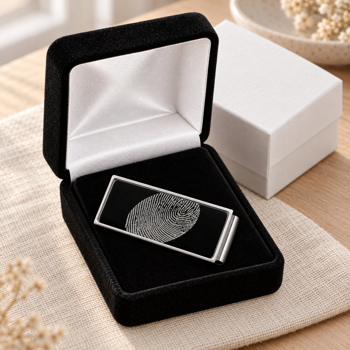 Stainless Steel Black on Silver Fingerprint Money Clip — gift box