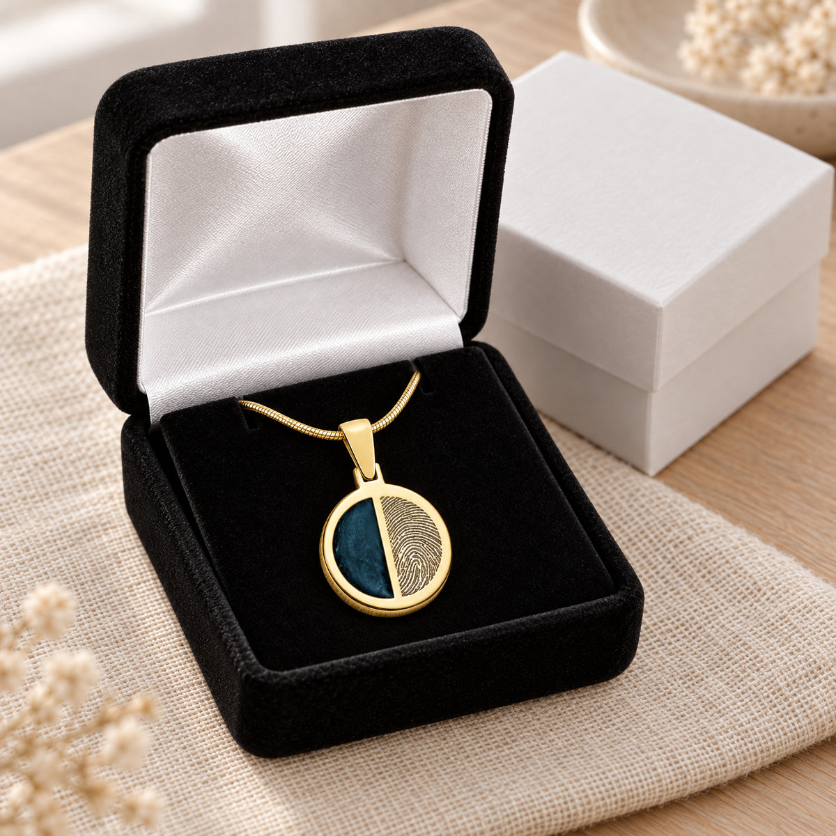 Gold Plated Sterling Circle Ash and Fingerprint Necklace — gift box