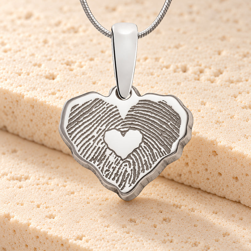 Petite Cut Sterling Heart Fingerprint Necklace with Signature on Back
