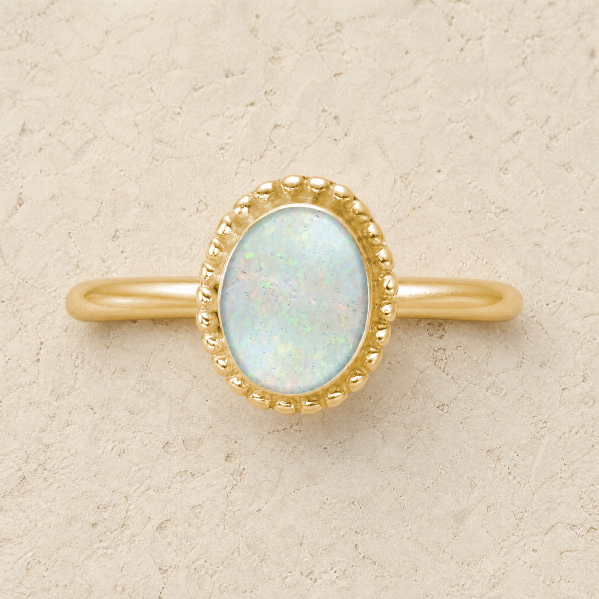 Solid 14K Gold Women's Bethany Ash Ring with Crushed Cream Opal